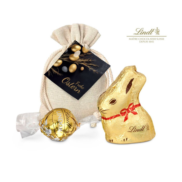 Goldenes Ostersäckchen mit Lindt Goldhase und Lindorkugel